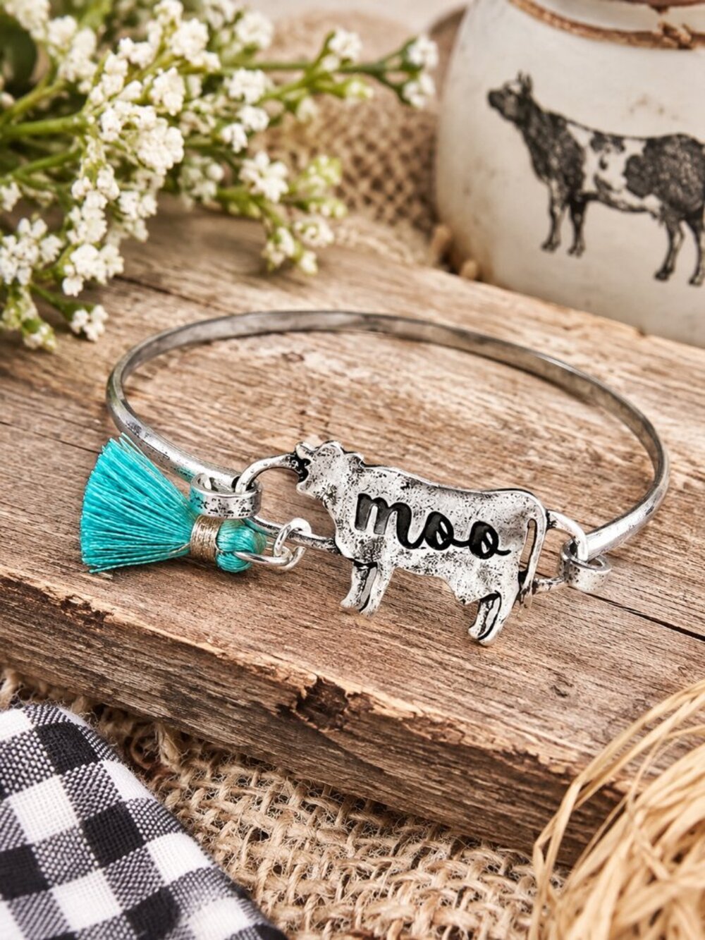Moo Cow Bracelet Silver Turquoise Tassel Farmhouse Country Farmgirl NWT OSFM